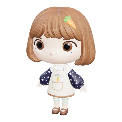 The 3D model built after the picture check: the same girl in full colour with a carrot hair clip