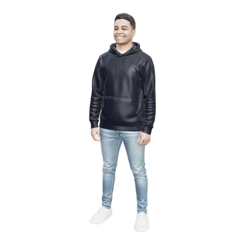 The 3D model of the man on his own: hoodie with drawstrings and pocket, jeans and white trainers, no background