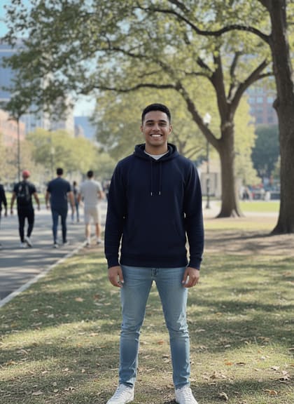 A generated photo of a smiling man in a navy hoodie and light jeans standing in a park, people walking behind him